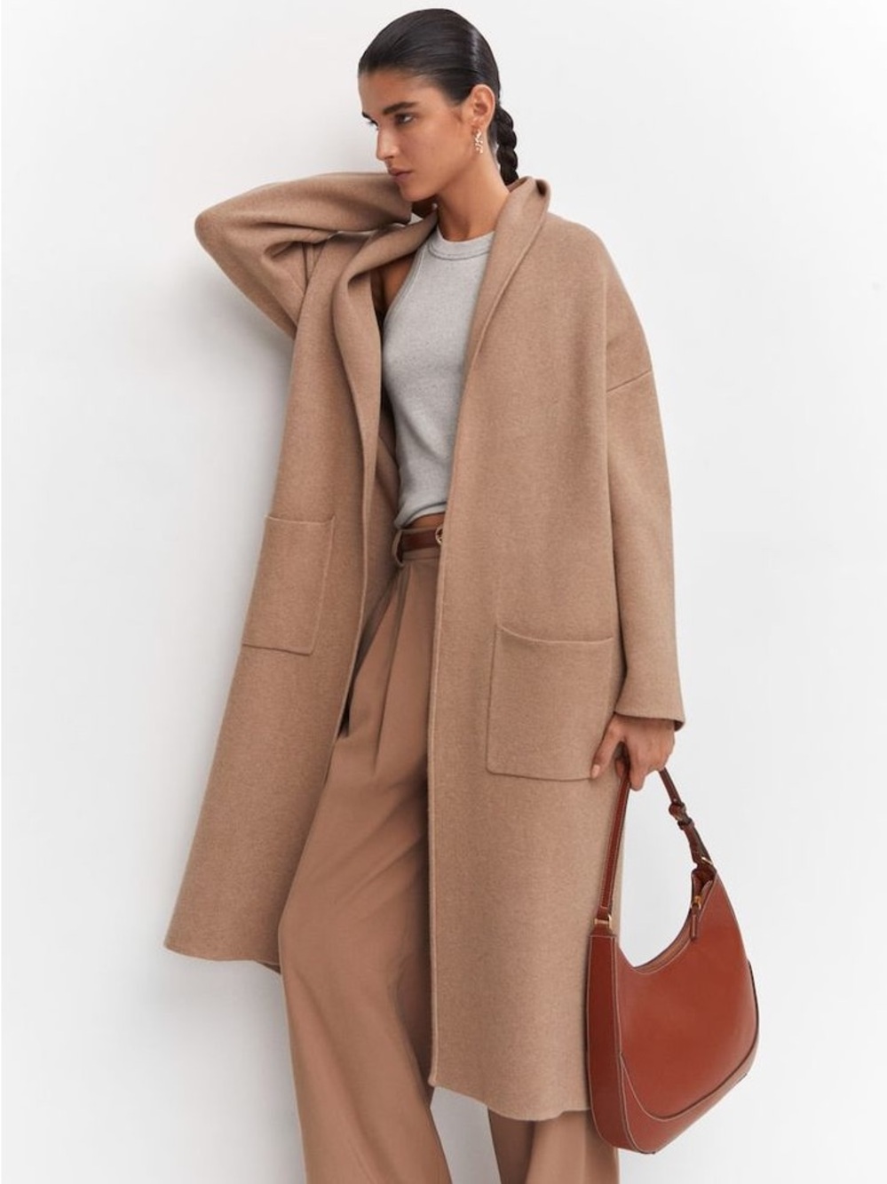 Mango Oversize Long Open-Front Knit Coatigan in Camel Brown Size XS